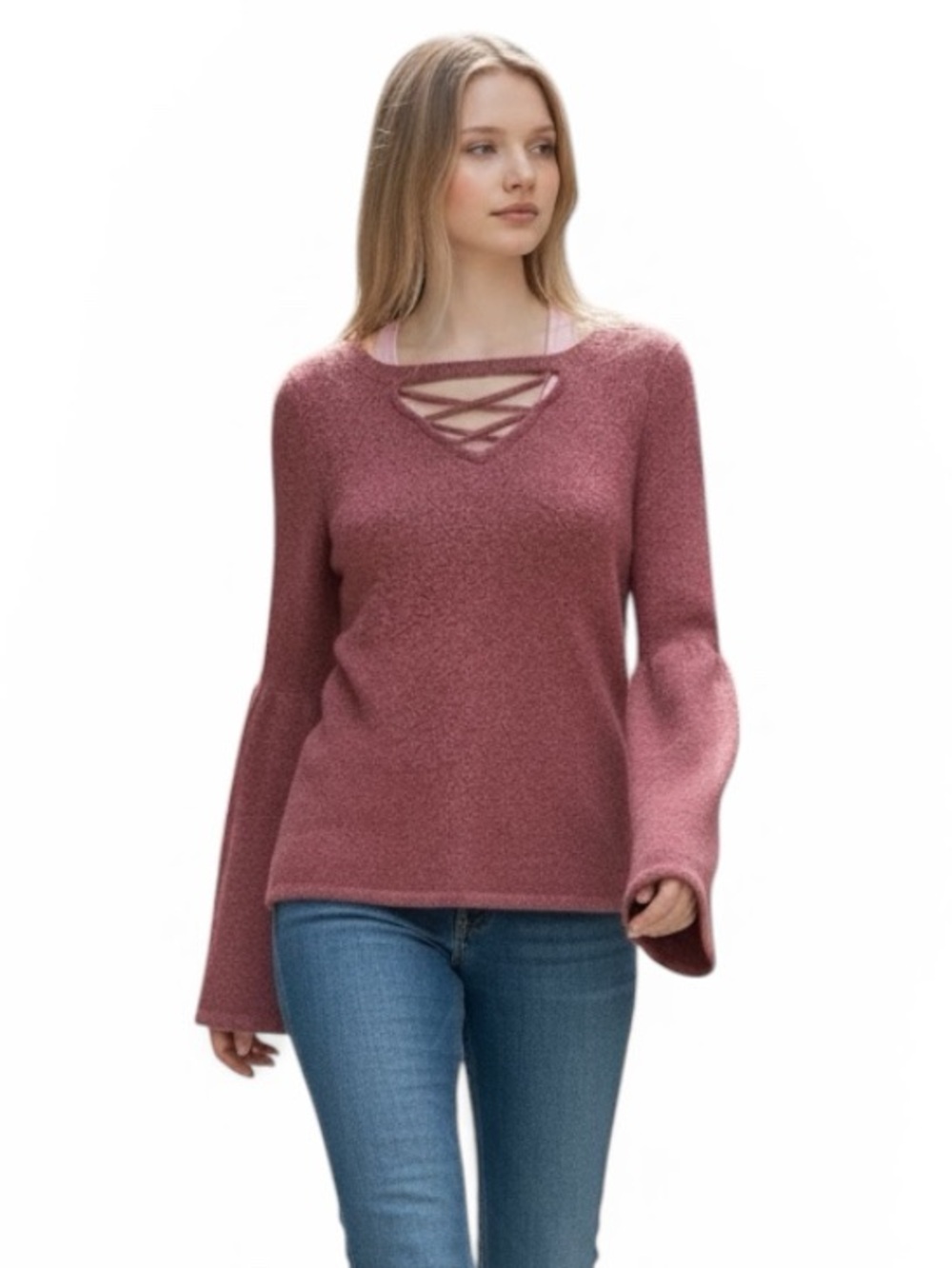 American Eagle Outfitters Berry Pink Crisscross Neck Sweater